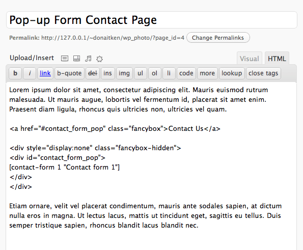Пример вставки контактной формы WordPress