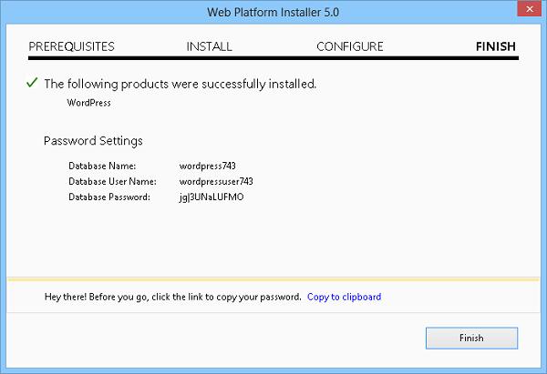 web platform installer параметры БД для wordpress