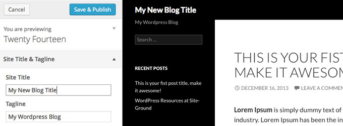 Группа настроек Site Title & Tagline в теме Twenty Fourteen на WordPress